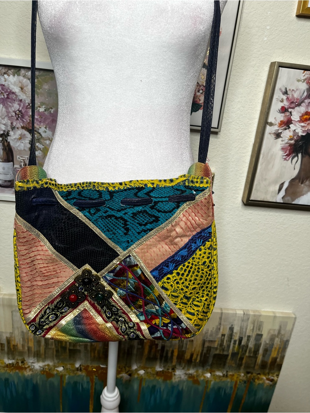 Vintage Multicolor Patchwork Crossbody Bag with Textured Panels